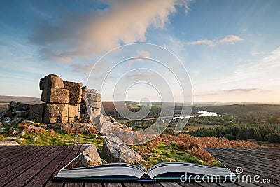 Stunning Autumn sunset landscape image of view from Leather Tor towards Burrator Reservoir in Dartmoor National Park coming out of Stock Photo