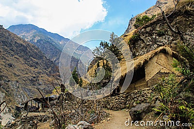 The highest pedestrian pass in the world of Thorong La. The highest mountains in the world. Mountain village among the rocks Stock Photo