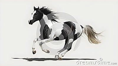 A stunning black and white horse gallops gracefully against a white backdrop. Concept Black and Stock Photo