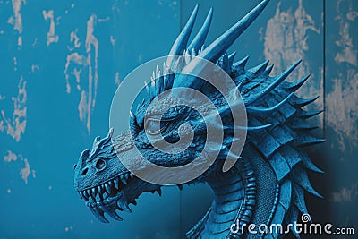 Stunning blue dragon perched on rustic wooden background. Stock Photo