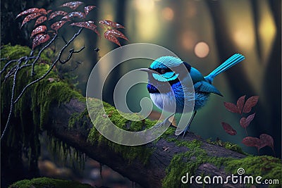 Stunning blue Fairy Wren bird in a forest, warm lighting Stock Photo
