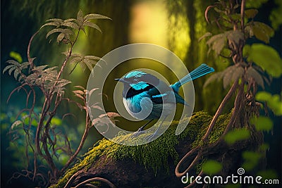 Stunning blue Fairy Wren bird in a forest, warm lighting Stock Photo