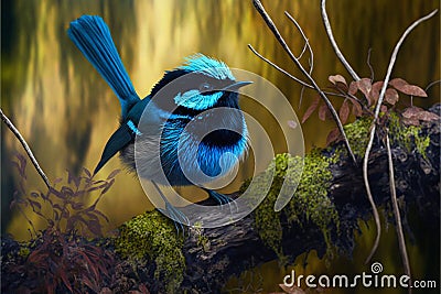 Stunning blue Fairy Wren bird in a forest, warm lighting Stock Photo