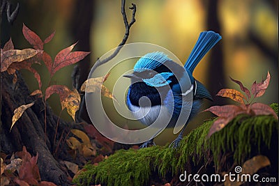 Stunning blue Fairy Wren bird in a forest, warm lighting Stock Photo