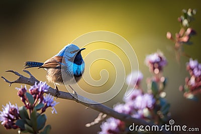 Stunning blue Fairy Wren bird in a garden, warm lighting Stock Photo