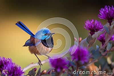 Stunning blue Fairy Wren bird in a garden, warm lighting Stock Photo