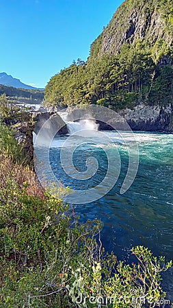 stunning blue waters of Petrohue river and rapids in Puerto Varas, Chile. Saltos del Petrohue Stock Photo