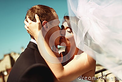Stunning bride kisses a groom holding his head tender Stock Photo