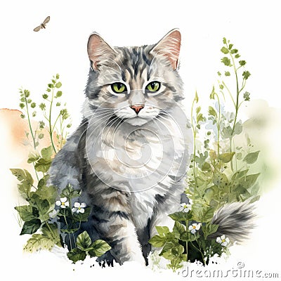 Detailed Dappled Cat Watercolor Clipart For Digital Painting And Paper Crafting Cartoon Illustration