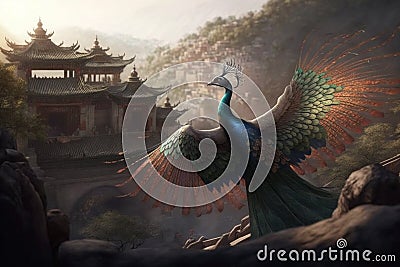 Majestic Chinese Peacock in Front of Enchanting Temple Stock Photo