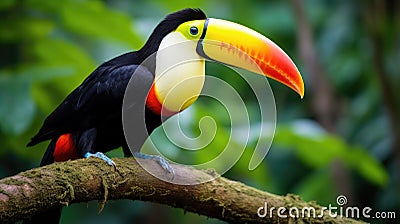 A stunning close-up of a brilliantly colored toucan perched on a tree branch Stock Photo