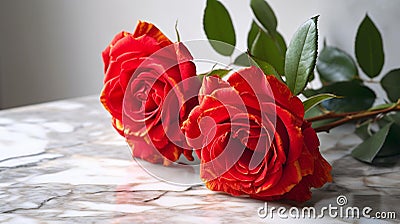 Radiant Red Roses on White Marble Stock Photo
