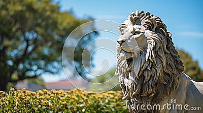 Majestic Lion Sculpture in Lush Green Park Stock Photo
