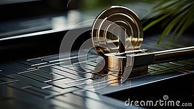 Gleaming Bronze Door Handle on Polished Black Door with Geometric Glass FaÃ§ade Stock Photo