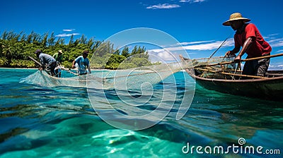 Vibrant Traditional Fishermen Casting Nets in Tropical Paradise Stock Photo