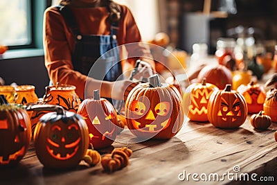 Stunning close-up photograph of a child carving pumpkins for Halloween, emphasizing the creative side of the season and Stock Photo