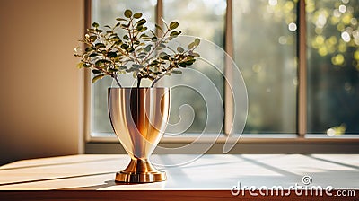 Golden Triumph: A Captivating Close-Up of a Gleaming Trophy on a Modern Oak Desk Stock Photo