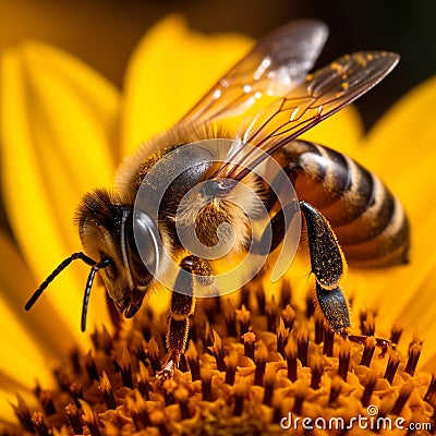 Pollen-Covered Honey Bee Resting on Vibrant Sunflower Stock Photo