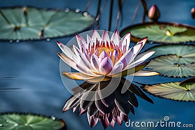 A stunning close-up of a waterlily blossom in the water with a blue natural background Stock Photo