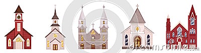 Stunning Collection Of Catholic Churches Showcasing Architectural Beauty And Spiritual Sanctity. Medieval Buildings Set Vector Illustration