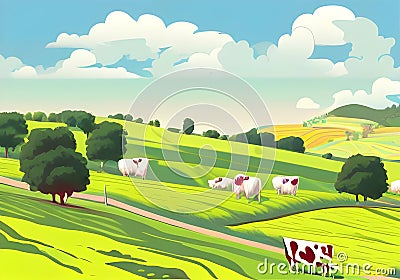Stunning Colorful Illustration of a Peaceful Green Country Scene with Grazing Cows and a Blue Sky with White Clouds Stock Photo