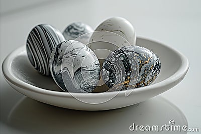 Stunning composition of black and white marble patterned easter eggs on a white plate Stock Photo