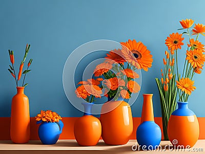 A stunning composition unfolds as orange flowers bloom gracefully in a vase set against a backdrop of soothing blue. Stock Photo