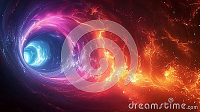 The stunning contrast of a fiery red and icy blue nebula swirling into a cosmic vortex Stock Photo
