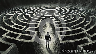 A Confused Lost Man in an Entangled Convoluted Maze Labyrinth Corridors (Paradox, Riddle, Enigma, Puzzle) Stock Photo