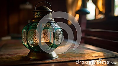 Elegant Ramadan Lantern on Traditional Table Stock Photo