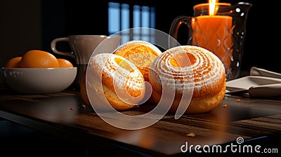 Stunning 3d Ar Image: Kaiser Roll And Orange Marmalade On Dark Wooden Table Stock Photo