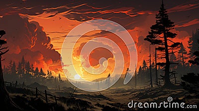 Apocalyptic Sunset In A Detailed Forest: Hd Illustration Cartoon Illustration