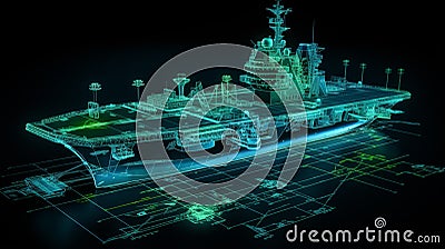 A stunning 3D hologram wireframe of a Navy aircraft carrier, projecting its intricate design Stock Photo