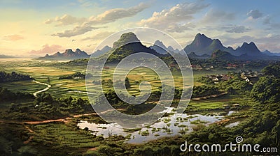 Hyper-realistic Painting Of Chinese Countryside With Rice Fields And Mountains Stock Photo