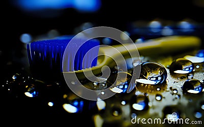 Teal and Silver Water Drops on Metal Surface Desktop Wallpaper with Toothbrush. Generated AI Stock Photo