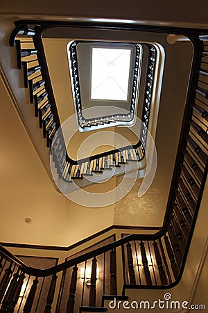 Stunning detail in staircase that leads one from fourth floor to lobby, The Adelphi Hotel, Saratoga Springs, New York, 2018 Editorial Stock Photo