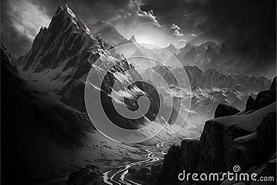 Stunning dramatic mountain and valley scenery in black and white Stock Photo