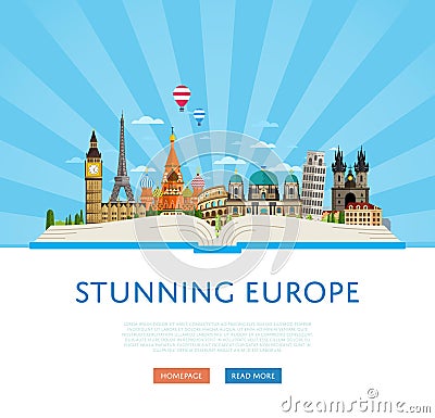 Stunning europe poster with famous attractions. Vector Illustration