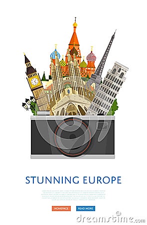 Stunning europe poster with famous attractions. Vector Illustration