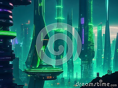 A stunning futuristic cityscape powered by green energy, featuring tower Stock Photo