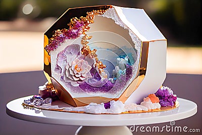 Stunning Geode Wedding Cake with Edible Crystals and Flowers on a White Table - ai generated Stock Photo