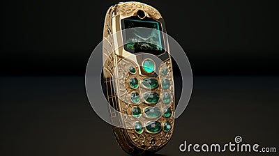 Stunning Gold Cell Phone With Emerald Detailing - Photorealistic Renderings And Dayak Art Stock Photo