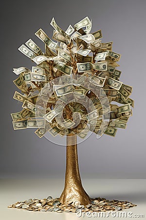 Empty Tree Covered In Dollars: A Bronze Playful Image With High Gloss And Gold Leaf Overlay Stock Photo