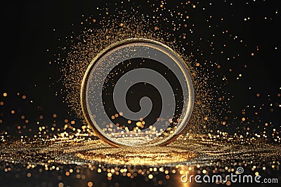 A stunning golden circular frame with sparkling particles, ideal for exclusive event invitations, luxury branding, or Stock Photo