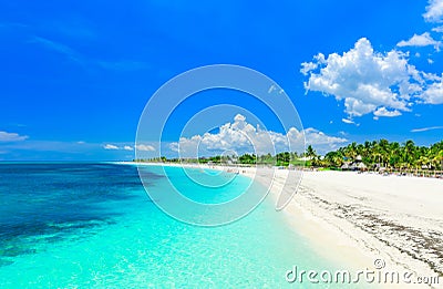 Amazing view of a tropical white sand beach and tranquil turquoise ocean at Cayo Coco island, Cuba Stock Photo