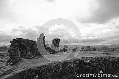 Stunning grayscale image of the Dinas Bran medieval castle located in Llangollen, Wales Stock Photo