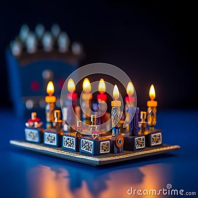 Glowing Hanukkah Menorah with Dreidels on Blue Background Stock Photo