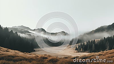 Serene Foothills: Minimalist Landscape Photography With Mountains And Fog Stock Photo