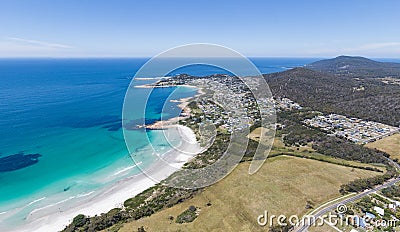 drone view of Bicheno on the east coast of Tasmania, Australia on a sunny day. Stock Photo