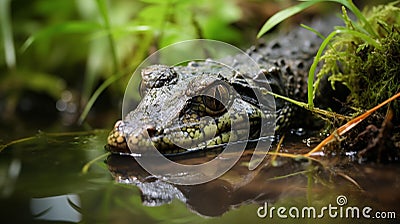 Peaceful Serenity: Baby Alligator Resting on Riverbank Stock Photo